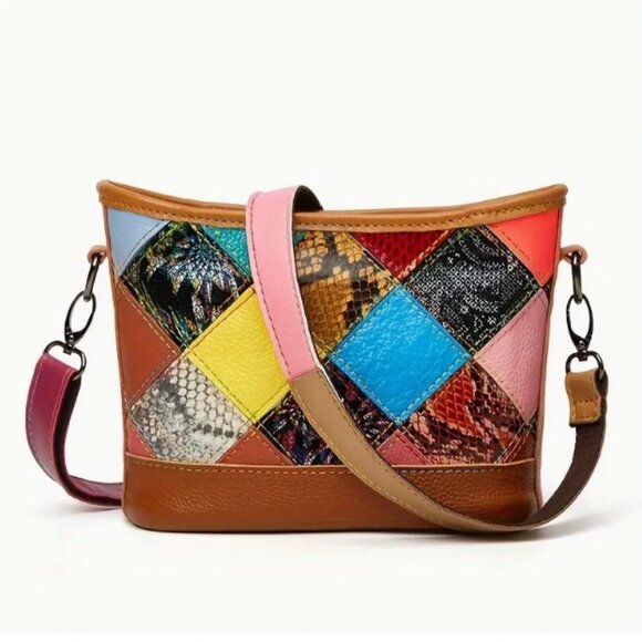 Womens Fashion Crossbody Bag Random Color Patchwork Shoulder Bag Leather Fabric - Picture 6 of 11